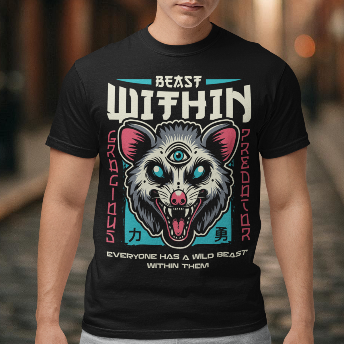Unleash your wild side with this bold and mystical "BEAST WITHIN" t-shirt. Featuring a uniquely illustrated possum—wide-eyed, wild-furred, and rocking a glowing third eye—this design merges urban grit with spiritual chaos. Whether you're into cryptids, chaos magic, or just love a good trash mammal, this shirt speaks to the primal energy lurking beneath the surface.