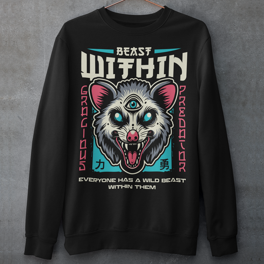 Unleash your wild side with this bold and mystical "BEAST WITHIN" sweatshirt. Featuring a uniquely illustrated possum—wide-eyed, wild-furred, and rocking a glowing third eye—this design merges urban grit with spiritual chaos. Whether you're into cryptids, chaos magic, or just love a good trash mammal, this shirt speaks to the primal energy lurking beneath the surface.