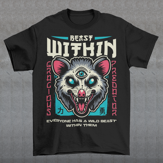 Unleash your wild side with this bold and mystical "BEAST WITHIN" t-shirt. Featuring a uniquely illustrated possum—wide-eyed, wild-furred, and rocking a glowing third eye—this design merges urban grit with spiritual chaos. Whether you're into cryptids, chaos magic, or just love a good trash mammal, this shirt speaks to the primal energy lurking beneath the surface.