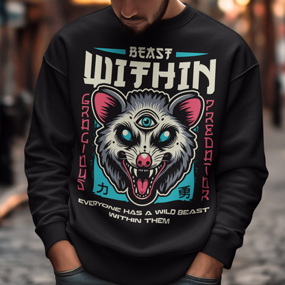 Unleash your wild side with this bold and mystical "BEAST WITHIN" sweatshirt. Featuring a uniquely illustrated possum—wide-eyed, wild-furred, and rocking a glowing third eye—this design merges urban grit with spiritual chaos. Whether you're into cryptids, chaos magic, or just love a good trash mammal, this shirt speaks to the primal energy lurking beneath the surface.