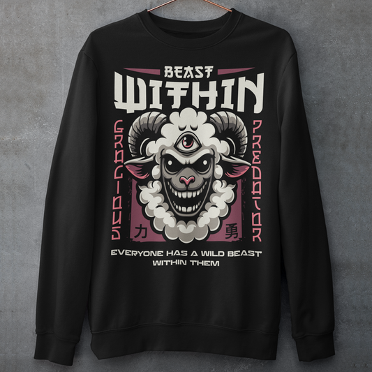 Unleash your wild side with this bold and mystical "BEAST WITHIN" t-shirt. Featuring a uniquely illustrated sheep—wide-eyed, wild-furred, and rocking a glowing third eye—this design merges urban grit with spiritual chaos. Whether you're into cryptids, chaos magic, or just love a good trash mammal, this shirt speaks to the primal energy lurking beneath the surface.