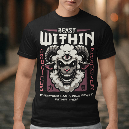 Unleash your wild side with this bold and mystical "BEAST WITHIN" t-shirt. Featuring a uniquely illustrated sheep—wide-eyed, wild-furred, and rocking a glowing third eye—this design merges urban grit with spiritual chaos. Whether you're into cryptids, chaos magic, or just love a good trash mammal, this shirt speaks to the primal energy lurking beneath the surface.