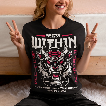 Introducing our captivating and empowering "Beast Within" Tiger Head T-Shirt – a fearless expression of strength and courage that's bound to make a bold statement. Crafted for those who embrace their inner power, this tee showcases a striking tiger head, capturing the fierce intensity and untamed spirit of this majestic creature. Above the captivating tiger graphic, the words "BEAST WITHIN" stand proudly, serving as a reminder of the untapped potential that resides within each of us.