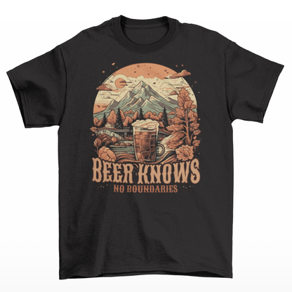 Black Oktoberfest t-shirt with a beer in a mountain landscape with text  "BEER KNOWS NO BOUNDARIES".