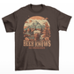 Brown Oktoberfest t-shirt with a beer in a mountain landscape with text  "BEER KNOWS NO BOUNDARIES".