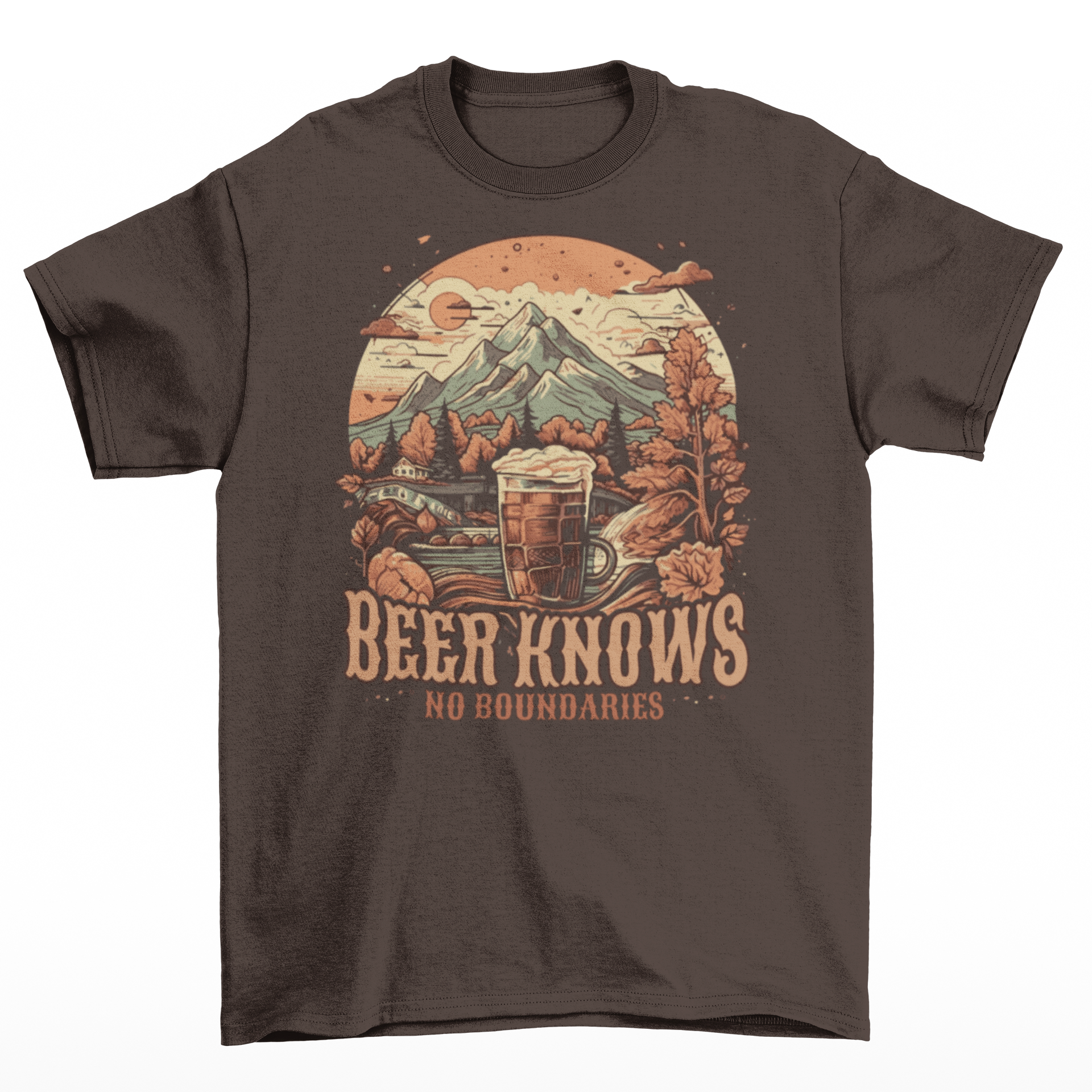 Brown Oktoberfest t-shirt with a beer in a mountain landscape with text  "BEER KNOWS NO BOUNDARIES".