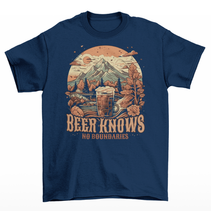 Navy Oktoberfest t-shirt with a beer in a mountain landscape with text  "BEER KNOWS NO BOUNDARIES".