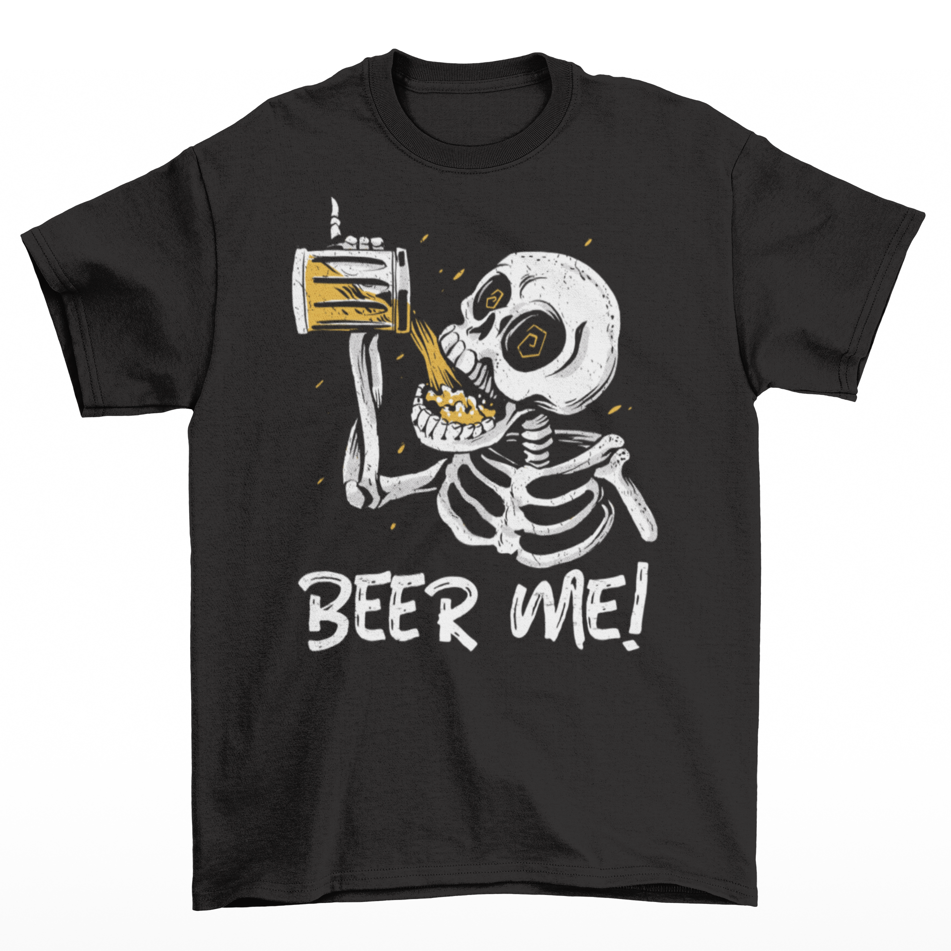 Black t-shirt of a skeleton drinking a beer with text underneath "BEER ME!"