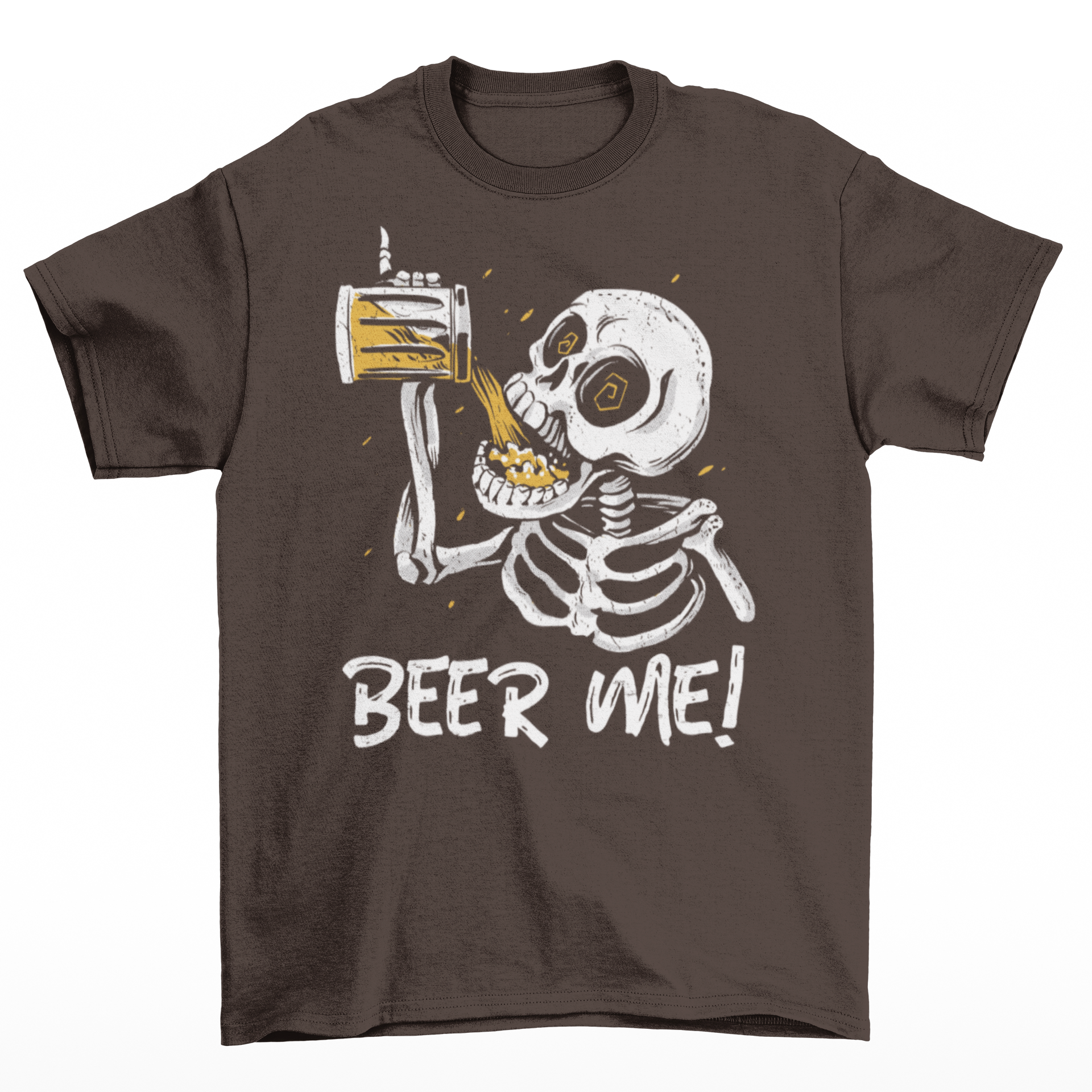 Brown t-shirt of a skeleton drinking a beer with text underneath "BEER ME!"