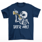 Navy t-shirt of a skeleton drinking a beer with text underneath "BEER ME!"