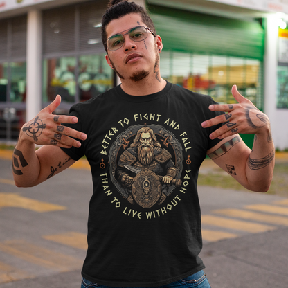 Introducing our bold and captivating Viking Warrior T-shirt! This extraordinary design features a fierce viking warrior, wielding a mighty sword in one hand and a sturdy shield in the other, ready to face any challenge that comes their way. The intricate artwork showcases the warrior's resolute determination and unwavering spirit. Surrounding the stunning illustration, the empowering words "BETTER TO FIGHT AND FALL THAN TO LIVE WITHOUT HOPE" are boldly displayed.