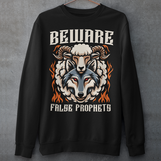 Black Sweatshirt of a wolf in sheep's clothing with text BEWARE FALSE PROPHETS.