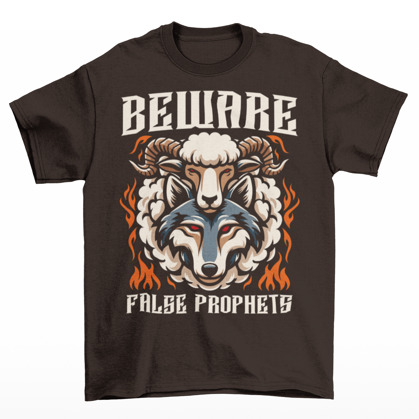 Brown t-shirt of a wolf in sheep's clothing with text BEWARE FALSE PROPHETS.