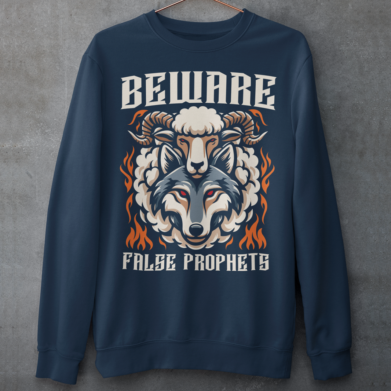 Navy Sweatshirt of a wolf in sheep's clothing with text BEWARE FALSE PROPHETS.