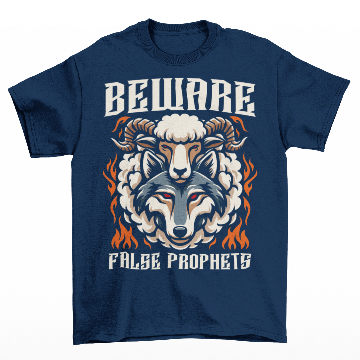 Navy t-shirt of a wolf in sheep's clothing with text BEWARE FALSE PROPHETS.