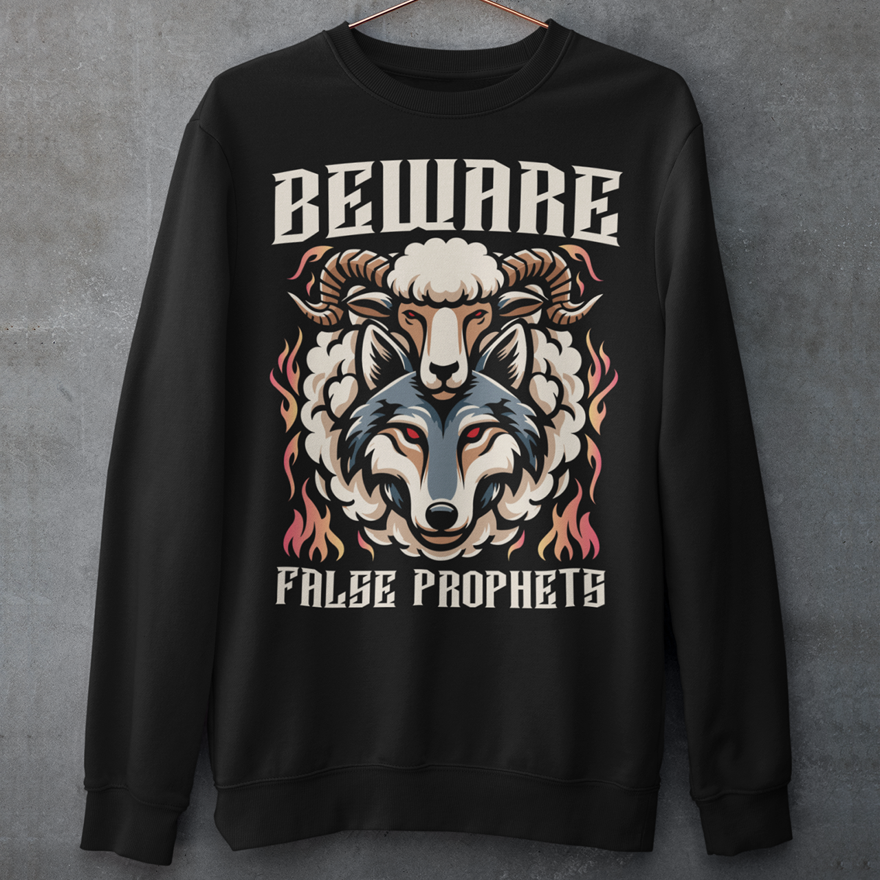 Black Sweatshirt of a wolf in sheep's clothing with text BEWARE FALSE PROPHETS.