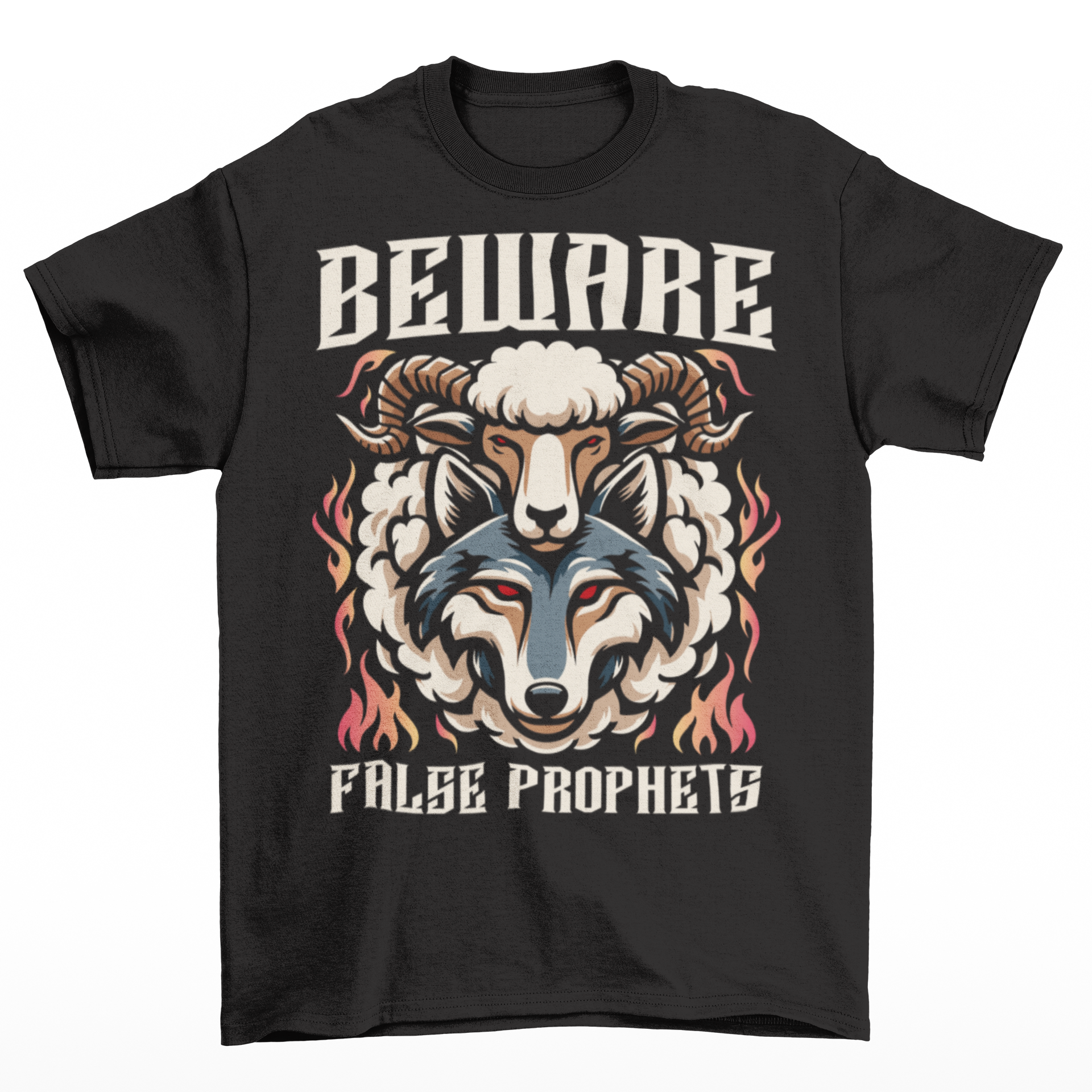 Black t-shirt of a wolf in sheep's clothing with text BEWARE FALSE PROPHETS.