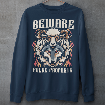 Navy Sweatshirt of a wolf in sheep's clothing with text BEWARE FALSE PROPHETS.