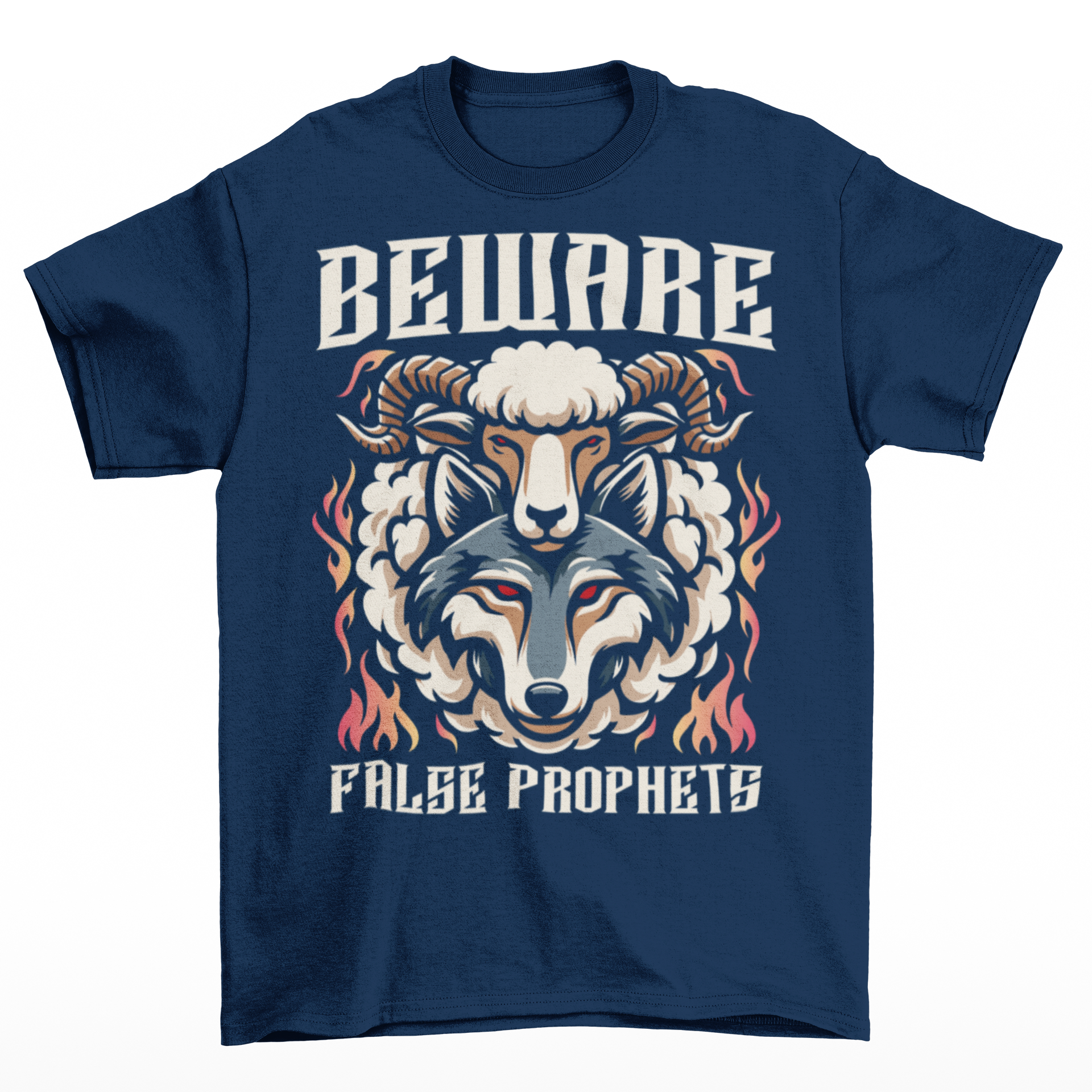 Navy t-shirt of a wolf in sheep's clothing with text BEWARE FALSE PROPHETS.