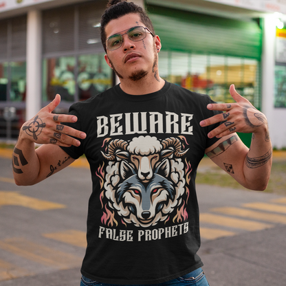 The bold, capitalized text, "BEWARE FALSE PROPHETS," emblazoned on the illustration, serves as a stark proclamation of vigilance and discernment.