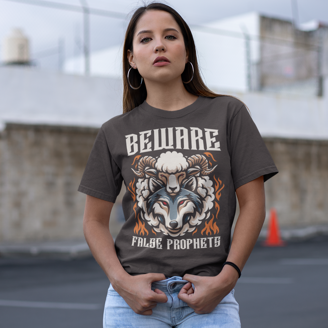 Brown t-shirt of a wolf in sheep's clothing with text BEWARE FALSE PROPHETS.