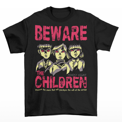 Black t-shirt of telepathic kids from the Midwich Cuckoos and text "BEWARE THE CHILDREN."