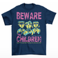 Navy t-shirt of telepathic kids from the Midwich Cuckoos and text "BEWARE THE CHILDREN."