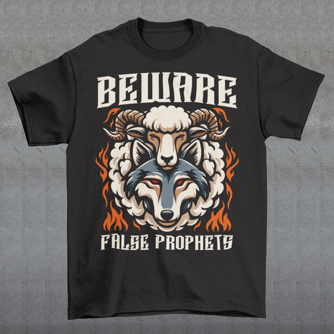 Introducing our captivating and cautionary design: "Beware False Prophets." This unique t-shirt features a striking illustration of a wolf adorned in the deceptive guise of a sheep. Crafted with meticulous attention to detail, the wolf's piercing eyes convey an ominous warning, serving as a reminder to stay vigilant against those who masquerade under false pretenses.