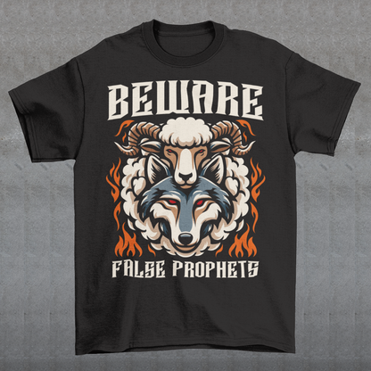 Introducing our captivating and cautionary design: "Beware False Prophets." This unique t-shirt features a striking illustration of a wolf adorned in the deceptive guise of a sheep. Crafted with meticulous attention to detail, the wolf's piercing eyes convey an ominous warning, serving as a reminder to stay vigilant against those who masquerade under false pretenses.