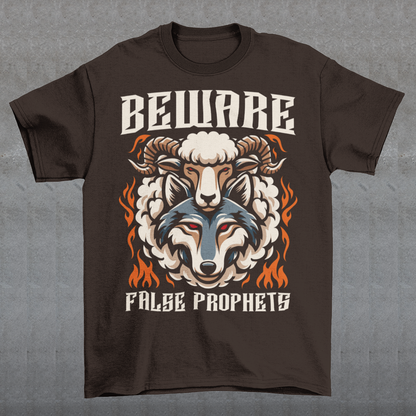 Introducing our captivating and cautionary design: "Beware False Prophets." This unique t-shirt features a striking illustration of a wolf adorned in the deceptive guise of a sheep. Crafted with meticulous attention to detail, the wolf's piercing eyes convey an ominous warning, serving as a reminder to stay vigilant against those who masquerade under false pretenses.