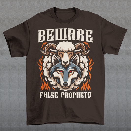 Introducing our captivating and cautionary design: "Beware False Prophets." This unique t-shirt features a striking illustration of a wolf adorned in the deceptive guise of a sheep. Crafted with meticulous attention to detail, the wolf's piercing eyes convey an ominous warning, serving as a reminder to stay vigilant against those who masquerade under false pretenses.