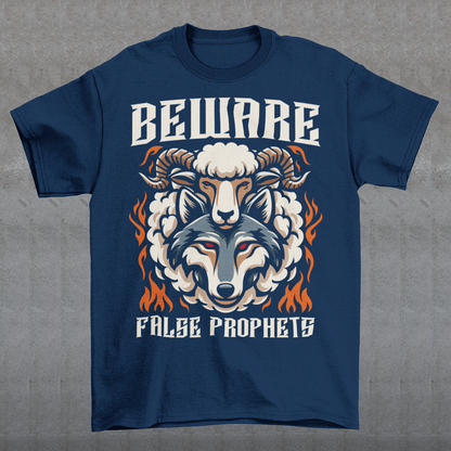 Introducing our captivating and cautionary design: "Beware False Prophets." This unique t-shirt features a striking illustration of a wolf adorned in the deceptive guise of a sheep. Crafted with meticulous attention to detail, the wolf's piercing eyes convey an ominous warning, serving as a reminder to stay vigilant against those who masquerade under false pretenses.