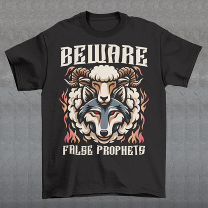 The bold, capitalized text, "BEWARE FALSE PROPHETS," emblazoned on the illustration, serves as a stark proclamation of vigilance and discernment.