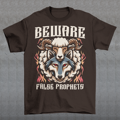 The bold, capitalized text, "BEWARE FALSE PROPHETS," emblazoned on the illustration, serves as a stark proclamation of vigilance and discernment.