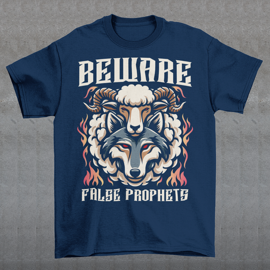 The bold, capitalized text, "BEWARE FALSE PROPHETS," emblazoned on the illustration, serves as a stark proclamation of vigilance and discernment.