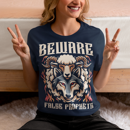 The bold, capitalized text, "BEWARE FALSE PROPHETS," emblazoned on the illustration, serves as a stark proclamation of vigilance and discernment.