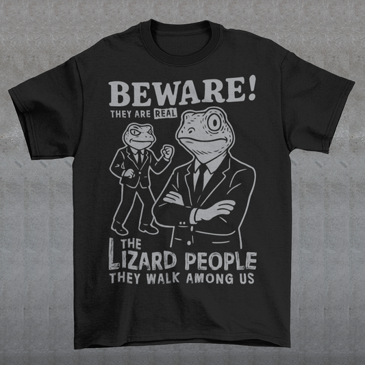 This “Beware! Lizard People” tee turns a classic conspiracy wink into wearable humor. The suited-up reptilian characters strike a bold, comic-book stance that adds a playful sense of intrigue to your outfit. Crisp line art and a vintage poster feel make it a standout for sci-fi lovers, meme collectors, and anyone who enjoys a touch of tongue-in-cheek absurdity. It’s the perfect shirt for sparking conversations and raising eyebrows in all the right ways.