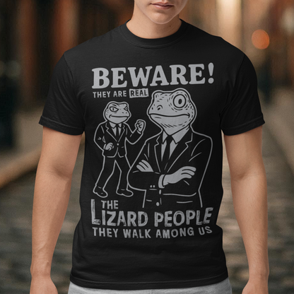 This “Beware! Lizard People” tee turns a classic conspiracy wink into wearable humor. The suited-up reptilian characters strike a bold, comic-book stance that adds a playful sense of intrigue to your outfit. Crisp line art and a vintage poster feel make it a standout for sci-fi lovers, meme collectors, and anyone who enjoys a touch of tongue-in-cheek absurdity. It’s the perfect shirt for sparking conversations and raising eyebrows in all the right ways.