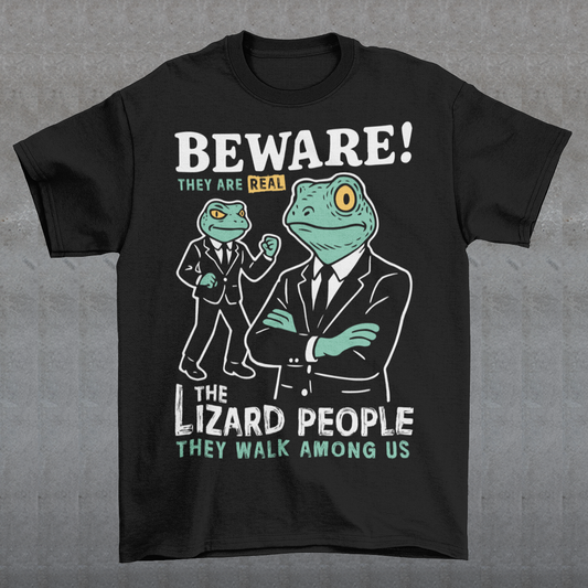 This “Beware! Lizard People” tee turns a classic conspiracy wink into wearable humor. The suited-up reptilian characters strike a bold, comic-book stance that adds a playful sense of intrigue to your outfit. Crisp line art and a vintage poster feel make it a standout for sci-fi lovers, meme collectors, and anyone who enjoys a touch of tongue-in-cheek absurdity. It’s the perfect shirt for sparking conversations and raising eyebrows in all the right ways.