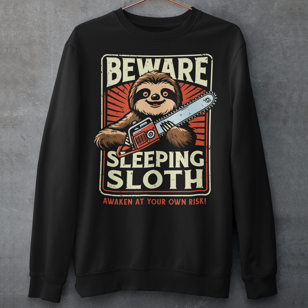 Unleash your inner wild with this hilariously unexpected shirt! Featuring a laid-back sloth wielding a chainsaw, this design turns slow and sleepy into something seriously fierce. Bold text above reads "BEWARE", while below it warns with a wink: "SLEEPING SLOTH". Perfect for those who might look relaxed on the outside but are ready to cut through anything in their path because even rebellious sloths like to stay cozy. Great for sloth lovers, pun enthusiasts, and anyone with a chill vibe.