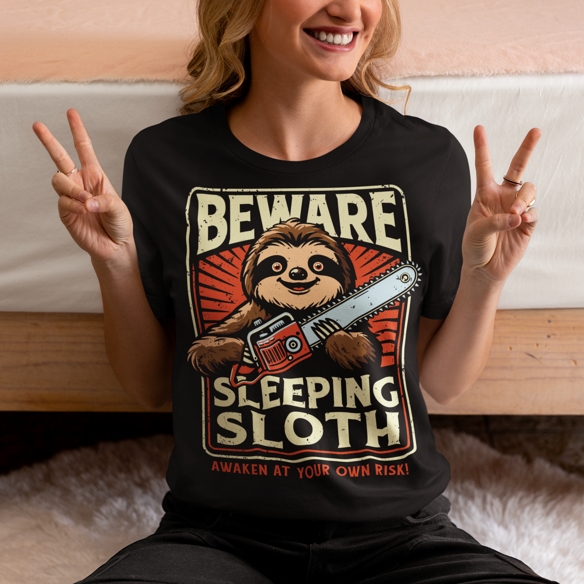 Unleash your inner wild with this hilariously unexpected tee! Featuring a laid-back sloth wielding a chainsaw, this design turns slow and sleepy into something seriously fierce. Bold text above reads "BEWARE", while below it warns with a wink: "SLEEPING SLOTH". Perfect for those who might look relaxed on the outside but are ready to cut through anything in their path because even rebellious sloths like to stay cozy. Great for sloth lovers, pun enthusiasts, and anyone with a chill vibe.