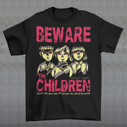 This striking t-shirt features a group of telepathic children inspired by The Midwich Cuckoos, standing together in eerie unison. Their glowing, otherworldly eyes create an unsettling effect, as if they are communicating without words, conveying their sinister abilities. Each child has a calm yet chilling expression, dressed in minimalist, vintage-style clothing that hints at their small-town origins.