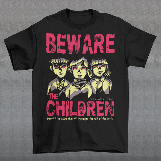 This striking t-shirt features a group of telepathic children inspired by The Midwich Cuckoos, standing together in eerie unison. Their glowing, otherworldly eyes create an unsettling effect, as if they are communicating without words, conveying their sinister abilities. Each child has a calm yet chilling expression, dressed in minimalist, vintage-style clothing that hints at their small-town origins.