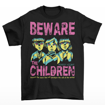 Black t-shirt of telepathic kids from the Midwich Cuckoos and text "BEWARE THE CHILDREN."