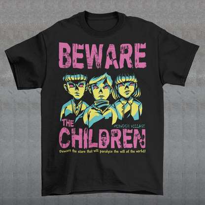 This striking t-shirt features a group of telepathic children inspired by The Midwich Cuckoos, standing together in eerie unison. Their glowing, otherworldly eyes create an unsettling effect, as if they are communicating without words, conveying their sinister abilities. Each child has a calm yet chilling expression, dressed in minimalist, vintage-style clothing that hints at their small-town origins.