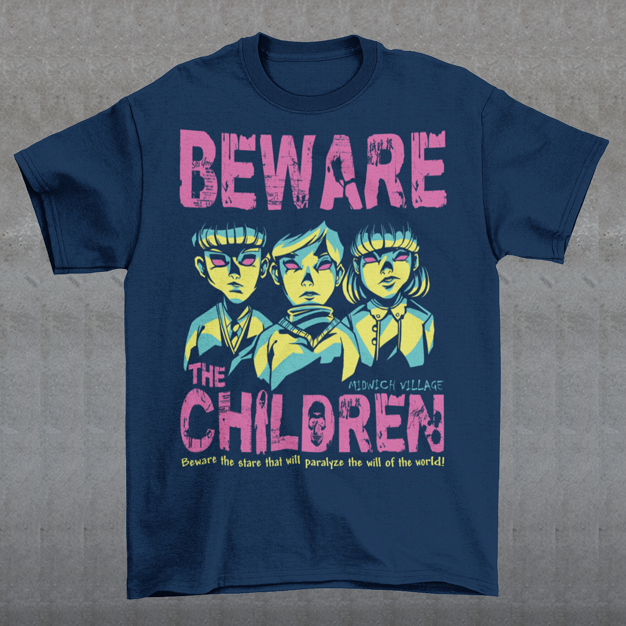 This striking t-shirt features a group of telepathic children inspired by The Midwich Cuckoos, standing together in eerie unison. Their glowing, otherworldly eyes create an unsettling effect, as if they are communicating without words, conveying their sinister abilities. Each child has a calm yet chilling expression, dressed in minimalist, vintage-style clothing that hints at their small-town origins.