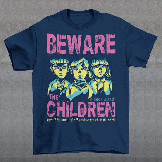 This striking t-shirt features a group of telepathic children inspired by The Midwich Cuckoos, standing together in eerie unison. Their glowing, otherworldly eyes create an unsettling effect, as if they are communicating without words, conveying their sinister abilities. Each child has a calm yet chilling expression, dressed in minimalist, vintage-style clothing that hints at their small-town origins.