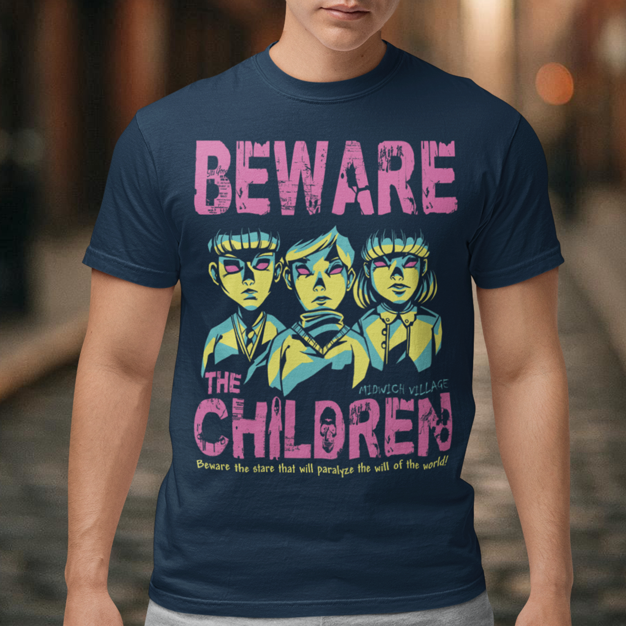 This striking t-shirt features a group of telepathic children inspired by The Midwich Cuckoos, standing together in eerie unison. Their glowing, otherworldly eyes create an unsettling effect, as if they are communicating without words, conveying their sinister abilities. Each child has a calm yet chilling expression, dressed in minimalist, vintage-style clothing that hints at their small-town origins.