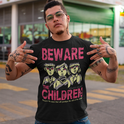 This striking t-shirt features a group of telepathic children inspired by The Midwich Cuckoos, standing together in eerie unison. Their glowing, otherworldly eyes create an unsettling effect, as if they are communicating without words, conveying their sinister abilities. Each child has a calm yet chilling expression, dressed in minimalist, vintage-style clothing that hints at their small-town origins.