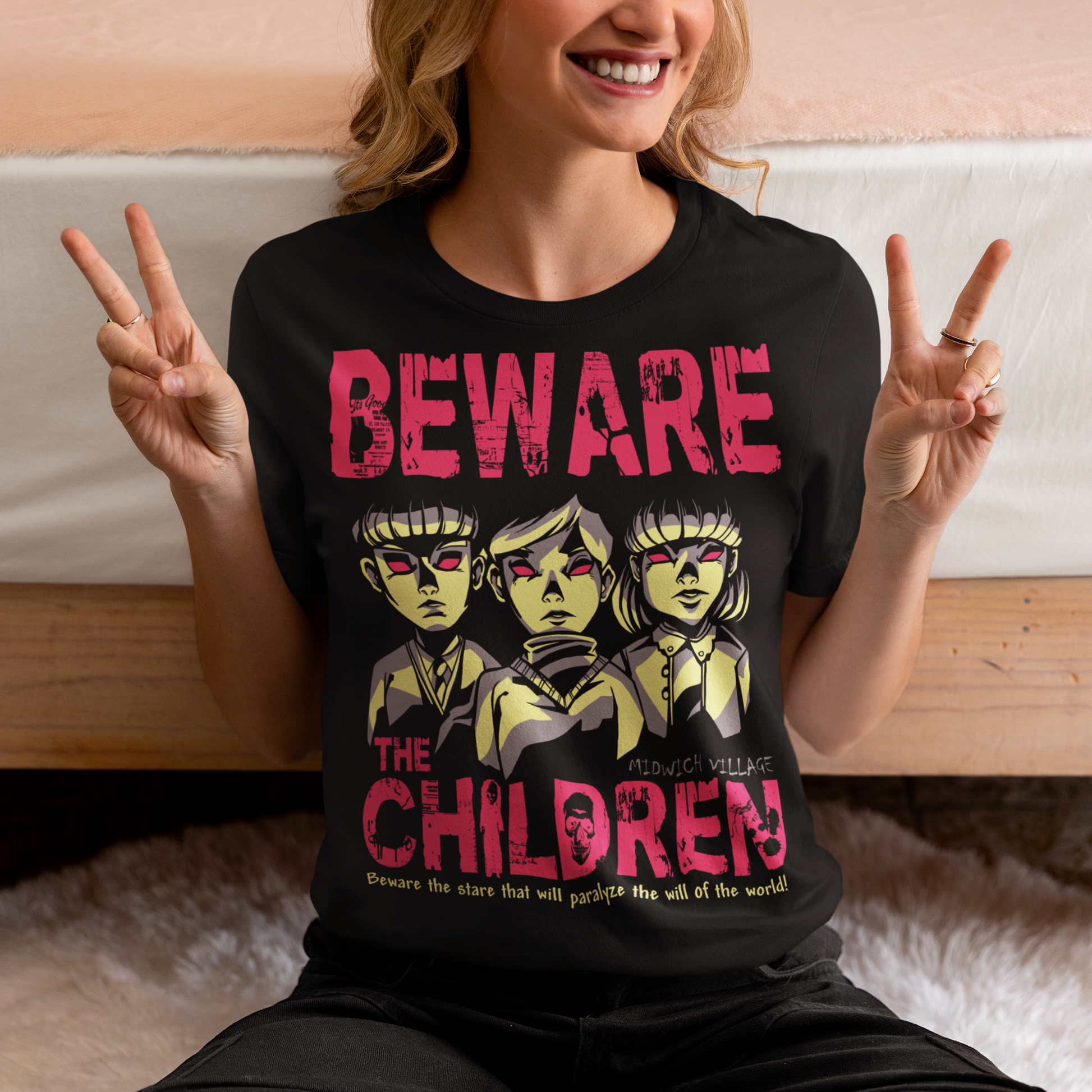 Black t-shirt of telepathic kids from the Midwich Cuckoos and text "BEWARE THE CHILDREN."